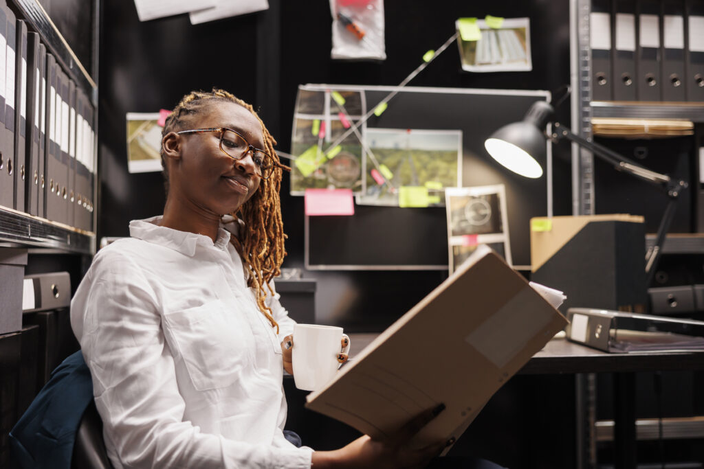 policewoman reading investigation report while drinking coffee in office