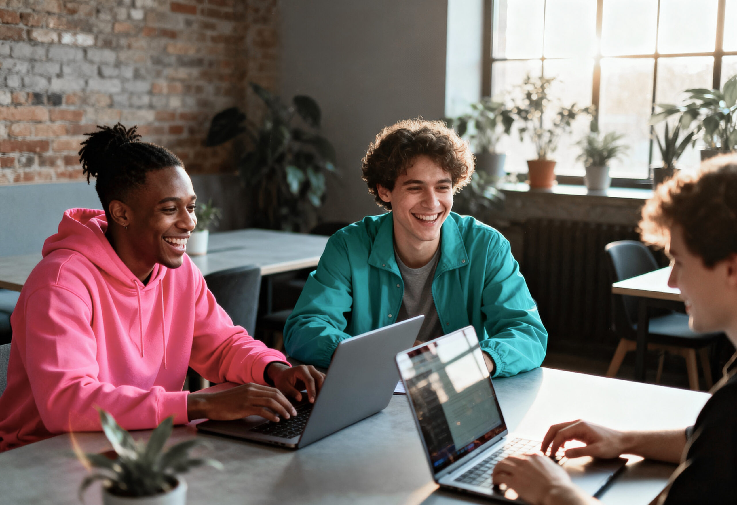 three students working together laptops